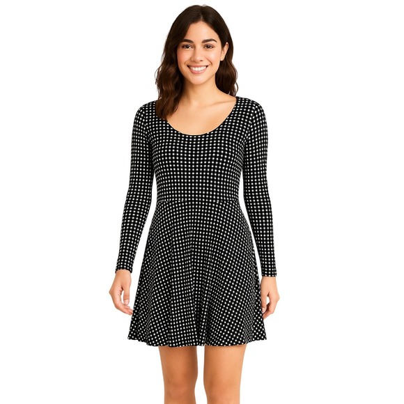 Michael Kors Dress M Black ALine Long Sleeves Scoop Neck Checkered Modern - Picture 1 of 9